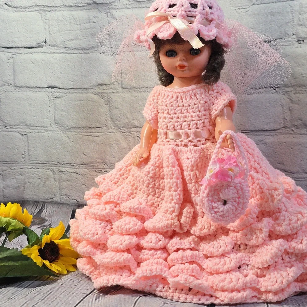 Vintage Angel Doll Brunette Crochet Dress and Accessories Pink 14